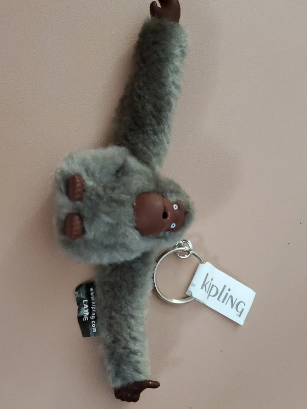 Kipling Gray Plush Monkey Keyring with Brown Face
